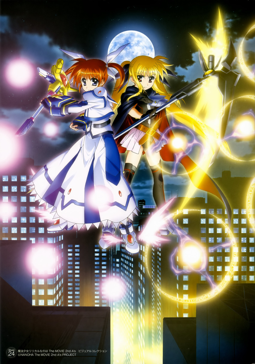 fate testarossa, takamachi nanoha, raising heart, and bardiche (lyrical nanoha and 3 more) drawn by okuda_yasuhiro