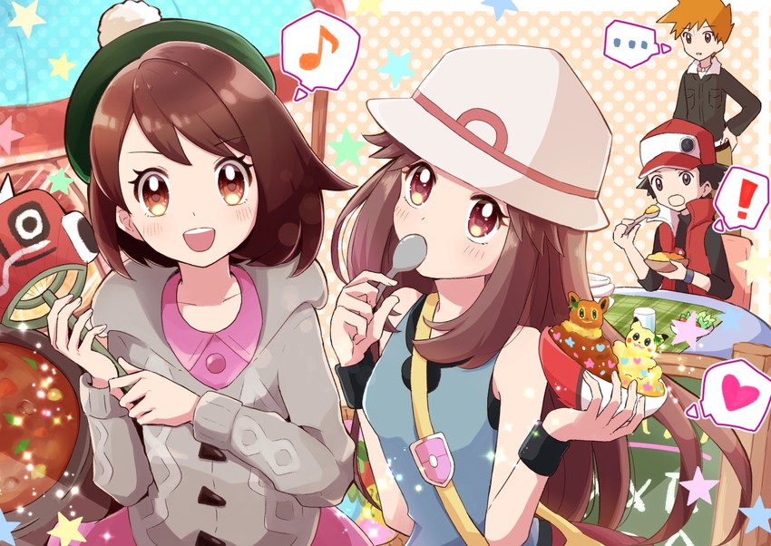 pikachu, gloria, red, eevee, blue oak, and 1 more (pokemon and 4 more) drawn by haru_(haruxxe)