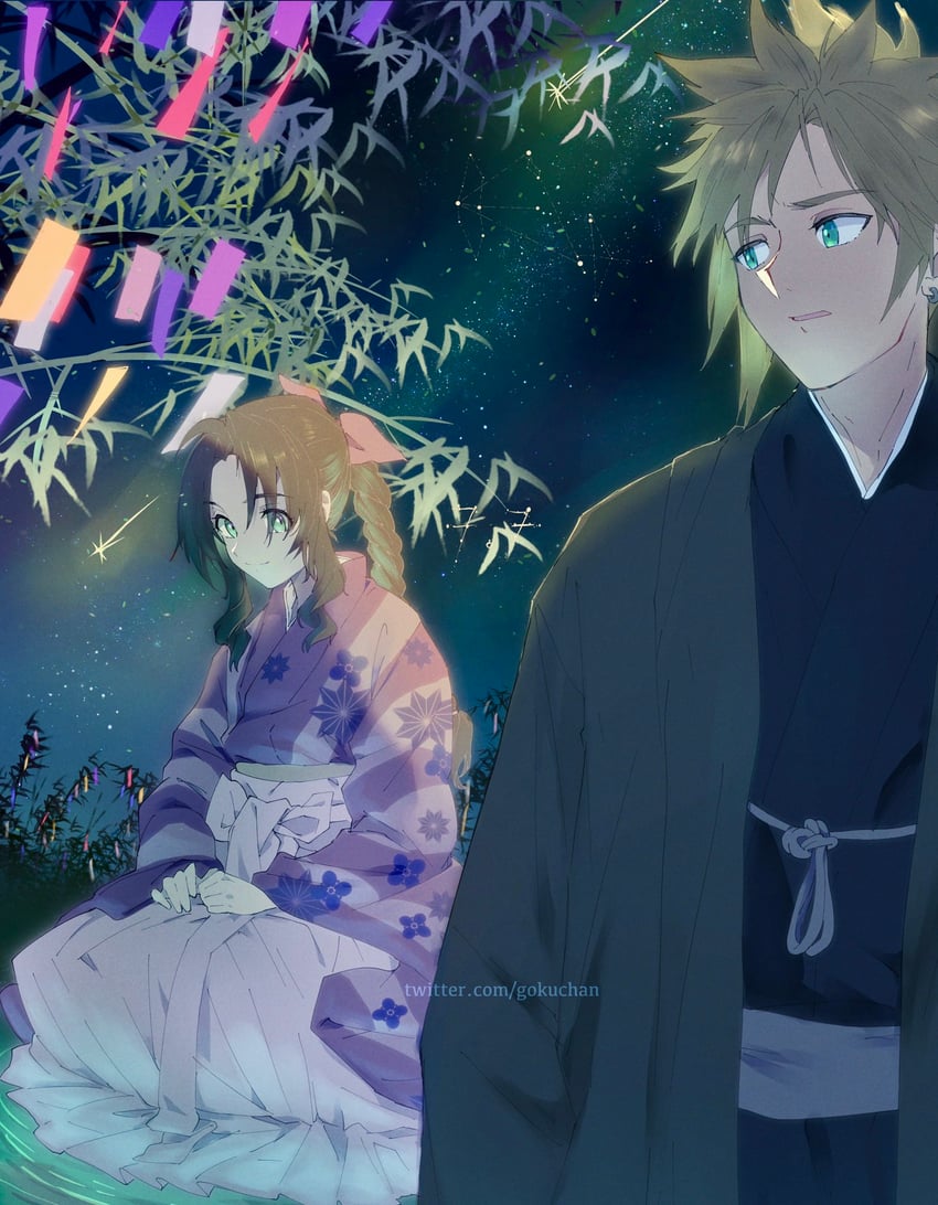 cloud strife and aerith gainsborough (final fantasy and 2 more) drawn by goku-chan