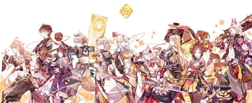 aether, zhongli, ningguang, albedo, navia, and 6 more (genshin impact) drawn by cocoballking