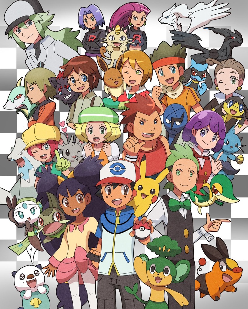 pikachu, ash ketchum, eevee, n, jessie, and 29 more (pokemon and 1 more) drawn by shugara