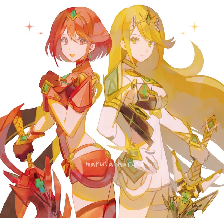 pyra and mythra (xenoblade chronicles and 1 more) drawn by maruta_maruta