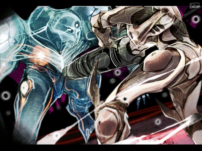 samus aran and dark samus (metroid and 1 more) drawn by teke