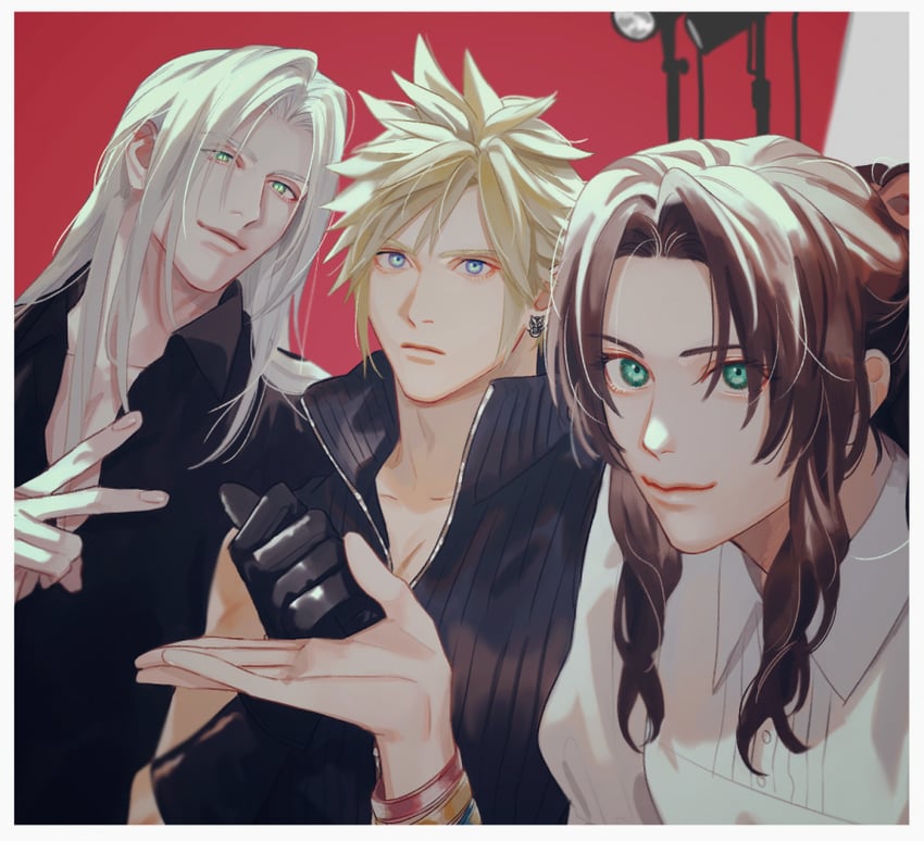 cloud strife, aerith gainsborough, and sephiroth (final fantasy and 2 more) drawn by boooshow