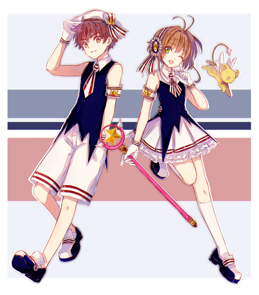 kinomoto sakura, kero, and li syaoran (cardcaptor sakura) drawn by coro96