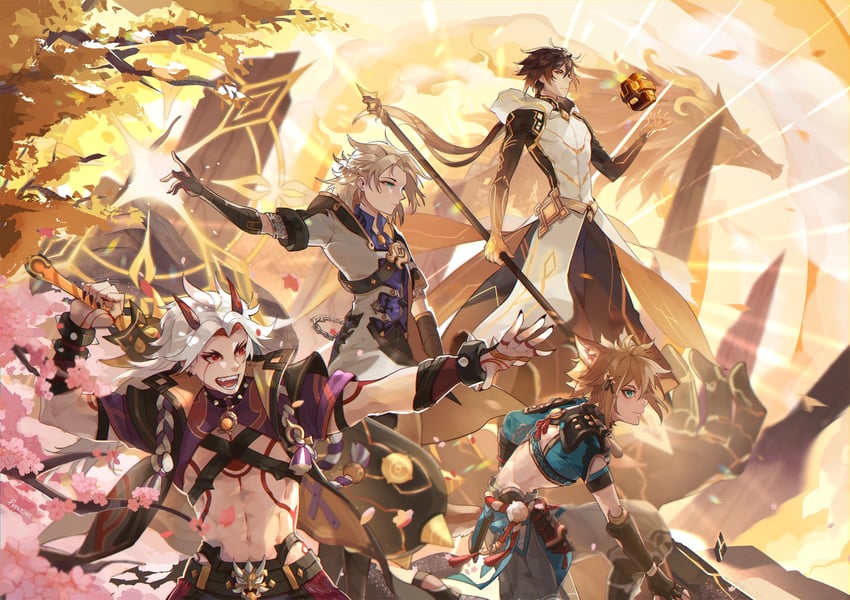 albedo, arataki itto, gorou, zhongli, and rex lapis (genshin impact) drawn by prinzcake