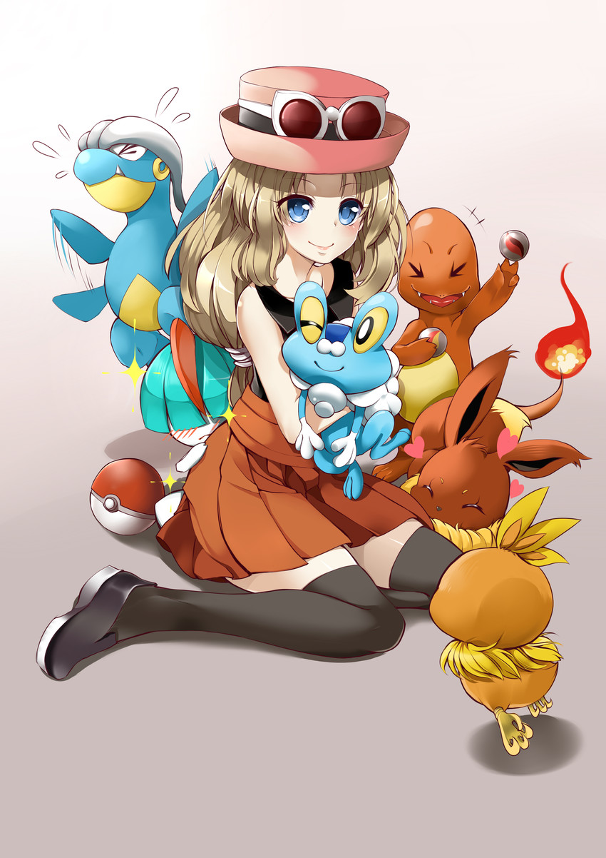eevee, serena, charmander, torchic, ralts, and 2 more (pokemon and 1 more) drawn by blossomsa