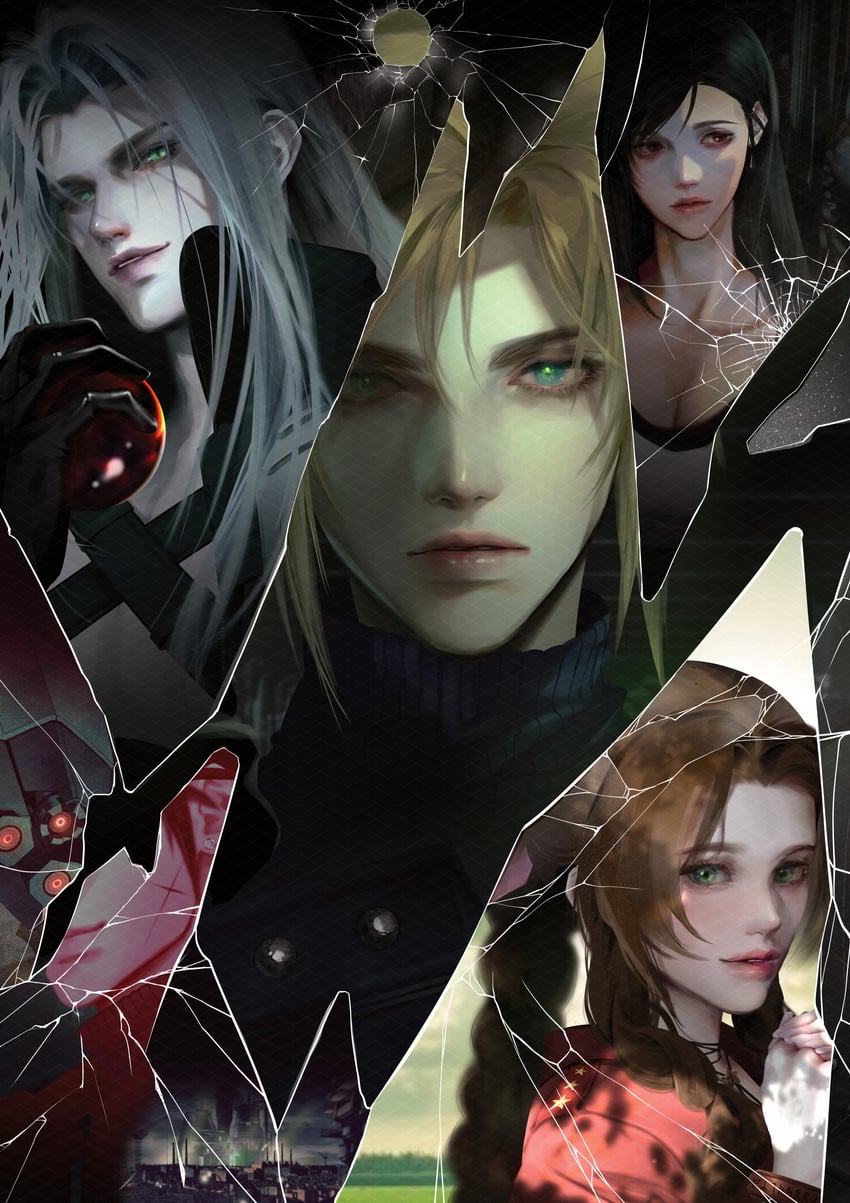 tifa lockhart, cloud strife, aerith gainsborough, sephiroth, and zack fair (final fantasy and 3 more) drawn by s_sohwagi_s