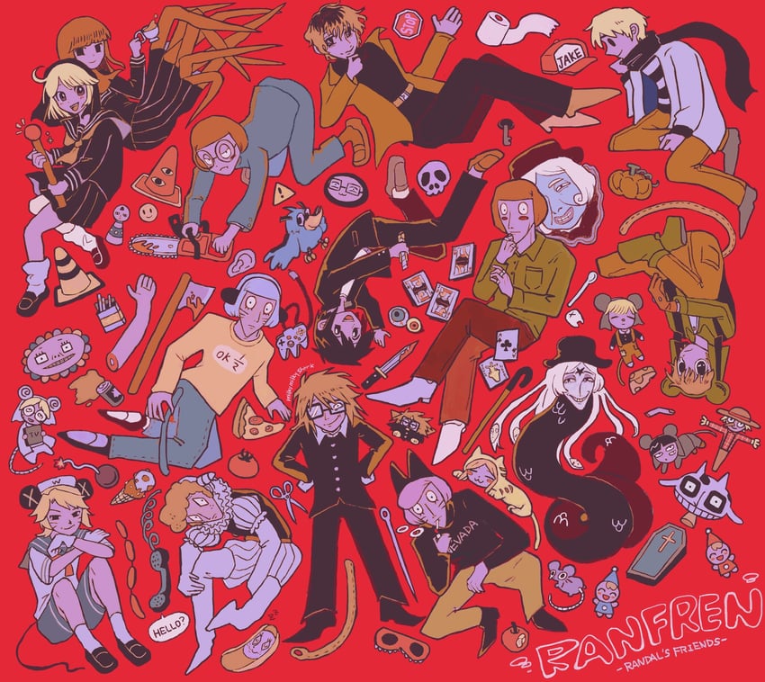 randal ivory, nyon, nyen, luther von ivory, tsukada satoru, and 16 more (randal's friends) drawn by milkymilkyshark