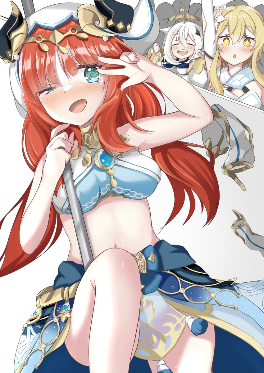 lumine, paimon, and nilou (genshin impact) drawn by mob_the_nanana