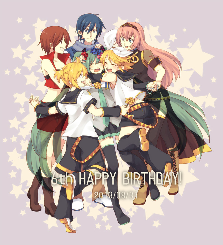 hatsune miku, kagamine rin, kagamine len, megurine luka, kaito, and 1 more (vocaloid) drawn by ninjin_(hanamushiro)