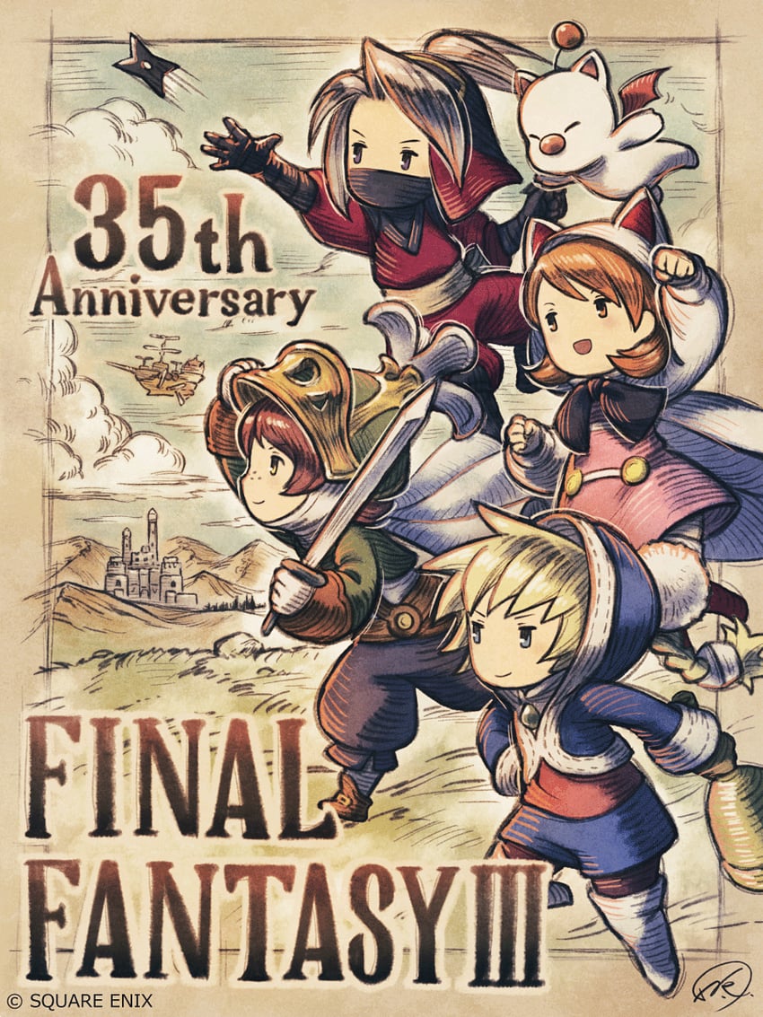 moogle, white mage, ninja, onion knight, refia, and 4 more (final fantasy and 1 more) drawn by nishio_kaori