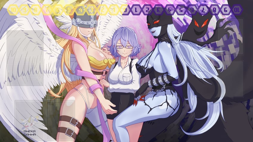 angewomon, ladydevimon, and mikagura mirei (digimon and 1 more) drawn by omeka_gamma