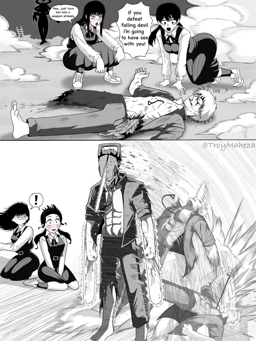 denji, yoru, mitaka asa, and falling devil (chainsaw man and 1 more) drawn by troymaheza