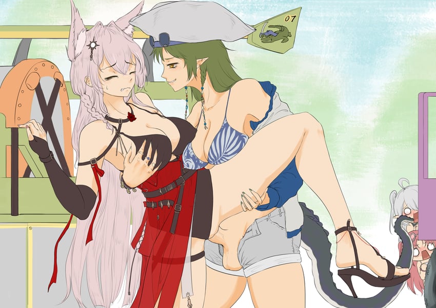 tomimi, myrtle, gavial, pozyomka, and gavial the invincible (arknights) drawn by shangguanzhuhanyi