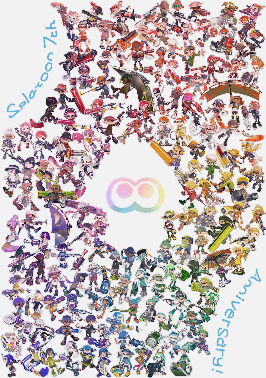 inkling player character, inkling girl, octoling player character, octoling girl, inkling boy, and 4 more (splatoon 1 and 2 more) drawn by mebari
