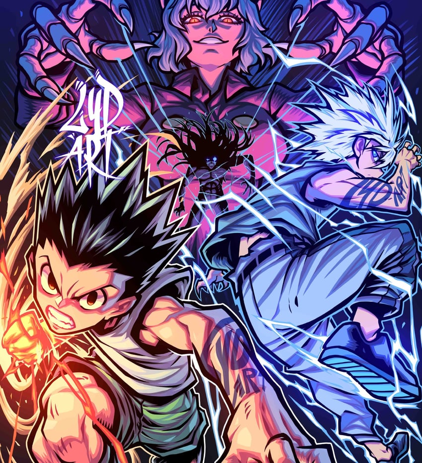 killua zoldyck, gon freecss, neferpitou, and kite (hunter x hunter) drawn by lydart_mclo