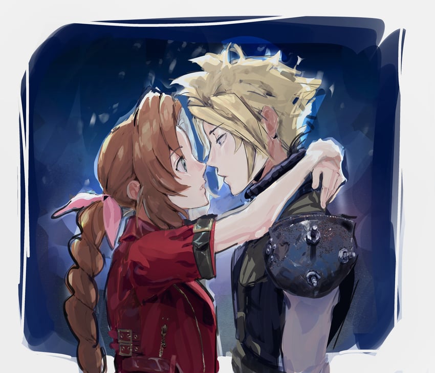 cloud strife and aerith gainsborough (final fantasy and 3 more) drawn by clerithcel