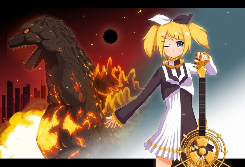 kagamine rin, godzilla, and burning godzilla (vocaloid and 4 more) drawn by yakitori_(oni)