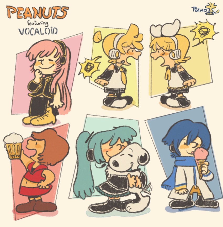 hatsune miku, kagamine rin, kagamine len, megurine luka, kaito, and 3 more (vocaloid and 1 more) drawn by patk_o0