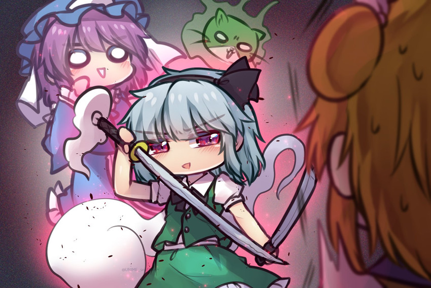 konpaku youmu, saigyouji yuyuko, joutouguu mayumi, and otter spirit (touhou and 1 more) drawn by unime_seaflower