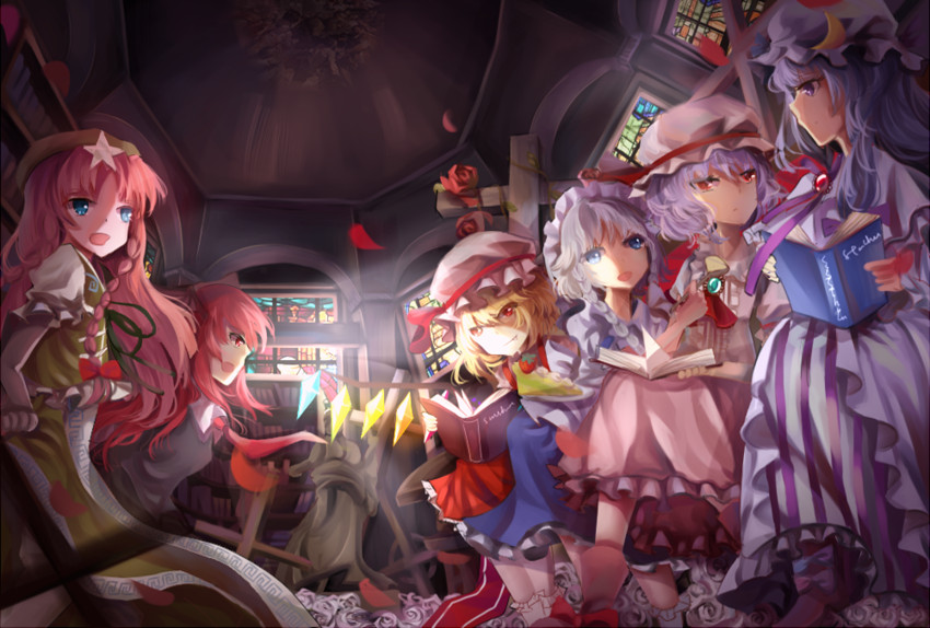 remilia scarlet, flandre scarlet, izayoi sakuya, patchouli knowledge, hong meiling, and 1 more (touhou) drawn by mimo
