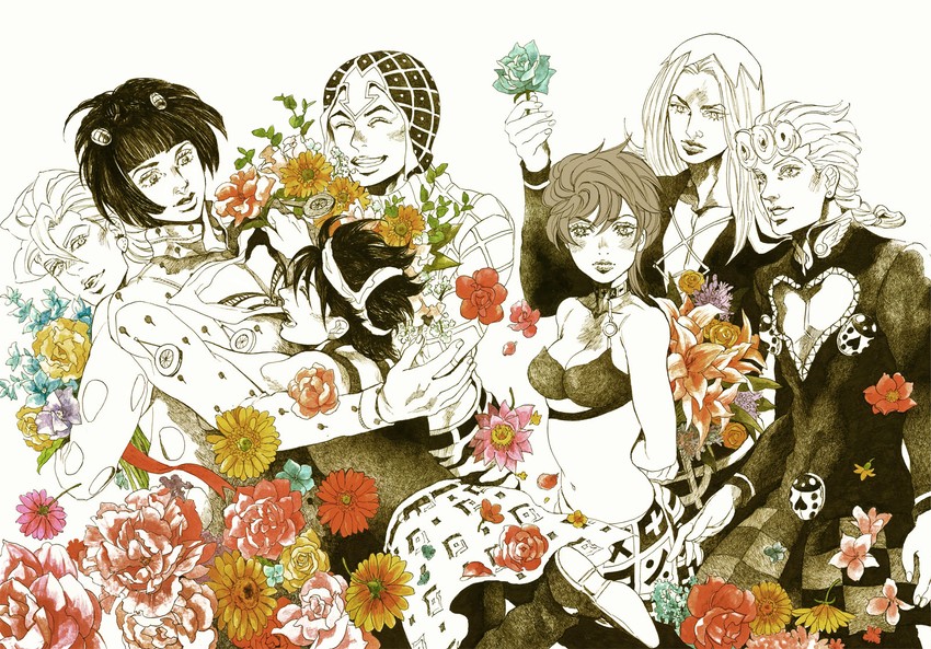 giorno giovanna, bruno bucciarati, guido mista, narancia ghirga, pannacotta fugo, and 2 more (jojo no kimyou na bouken and 1 more) drawn by bud_(korovsme)