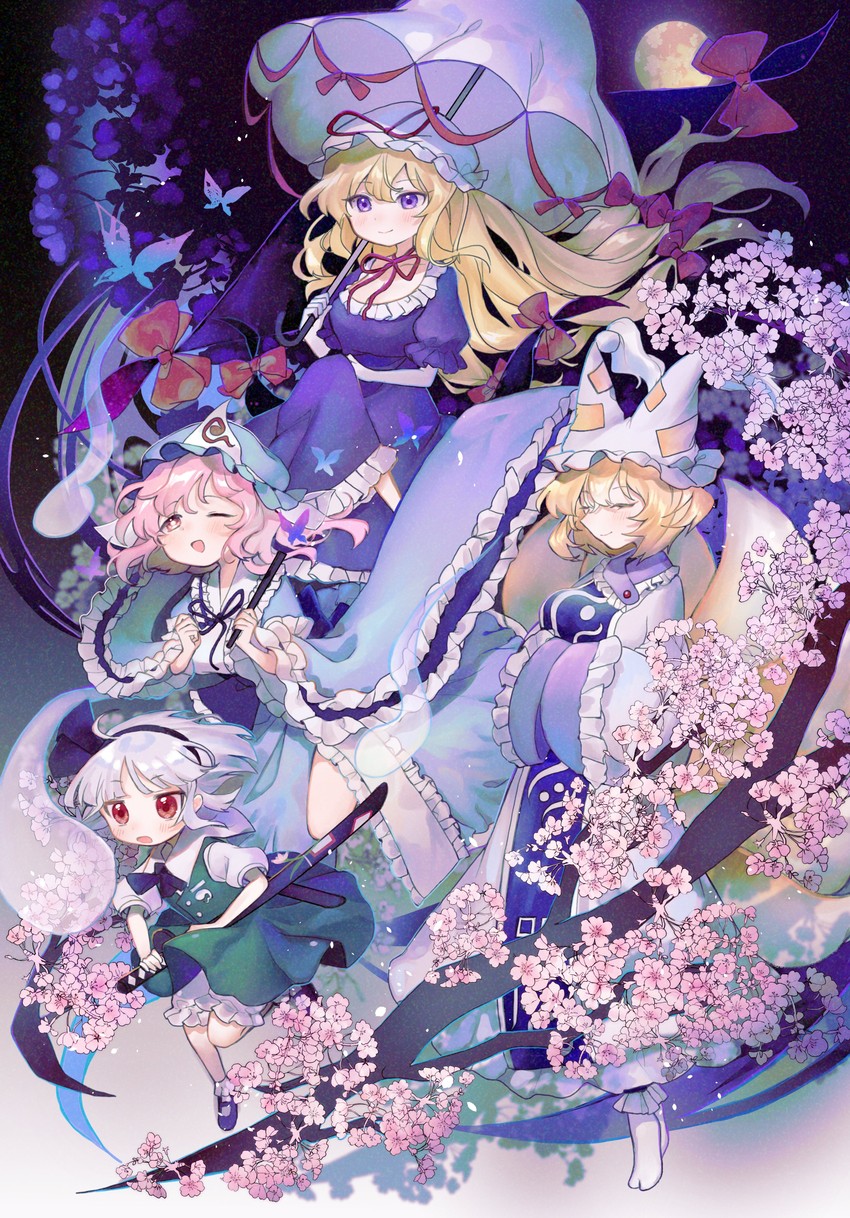 konpaku youmu, yakumo yukari, saigyouji yuyuko, and yakumo ran (touhou and 1 more) drawn by omodaka_romu