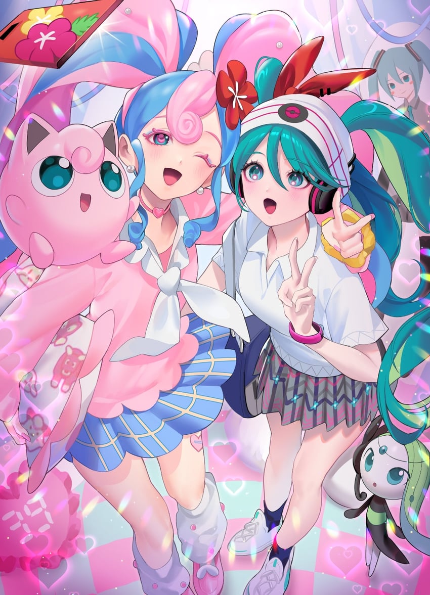 hatsune miku, jigglypuff, meloetta, fairy miku, psychic miku, and 4 more (pokemon and 2 more) drawn by jihya