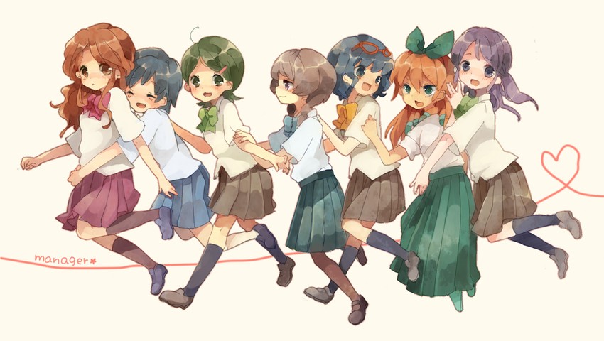 otonashi haruna, raimon natsumi, kudou fuyuka, kino aki, sorano aoi, and 2 more (inazuma eleven go and 1 more) drawn by sunflower-m