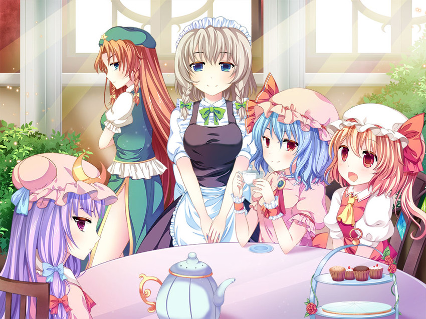 remilia scarlet, flandre scarlet, izayoi sakuya, patchouli knowledge, and hong meiling (touhou) drawn by swami