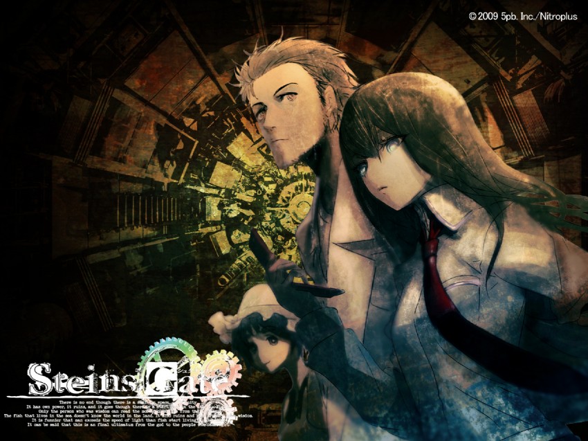 makise kurisu, okabe rintarou, and shiina mayuri (steins;gate) drawn by huke