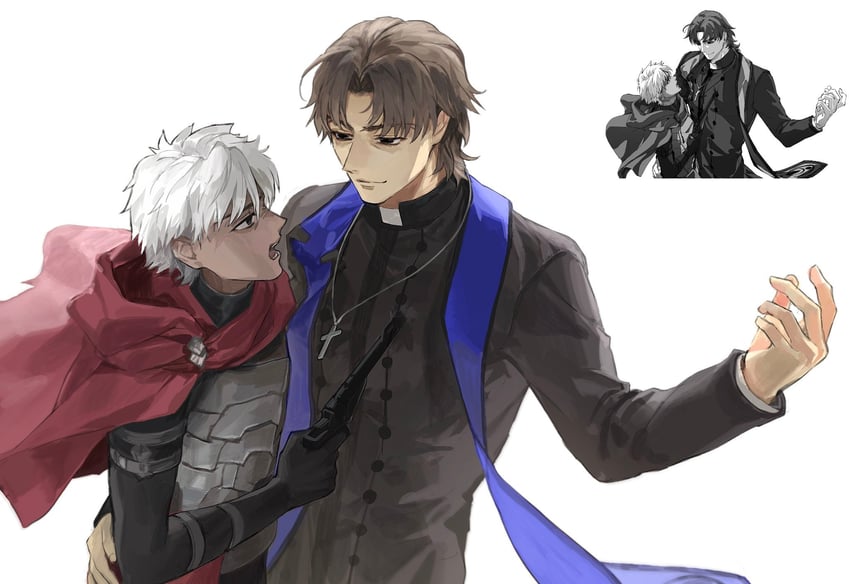 kotomine kirei, emiya kiritsugu, and grigori rasputin (fate and 1 more) drawn by cherroppi and gyogyo_hjj