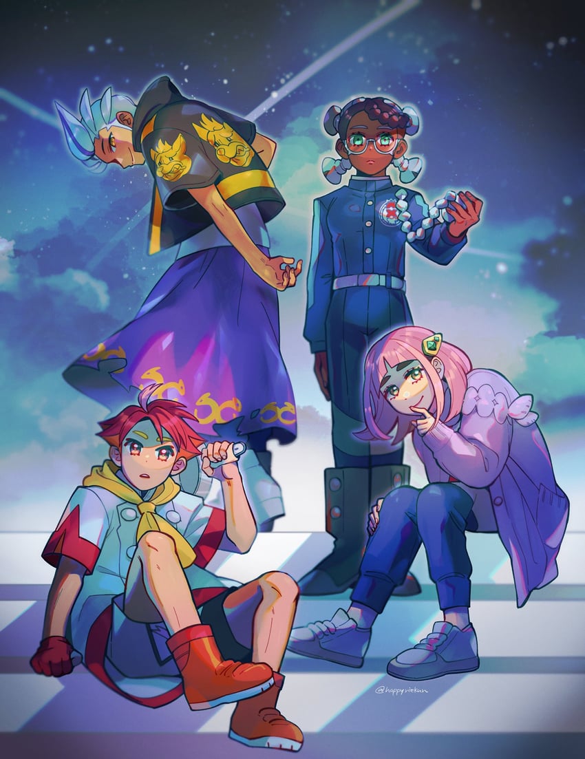 lacey, drayton, crispin, and amarys (pokemon and 1 more) drawn by happyriekun