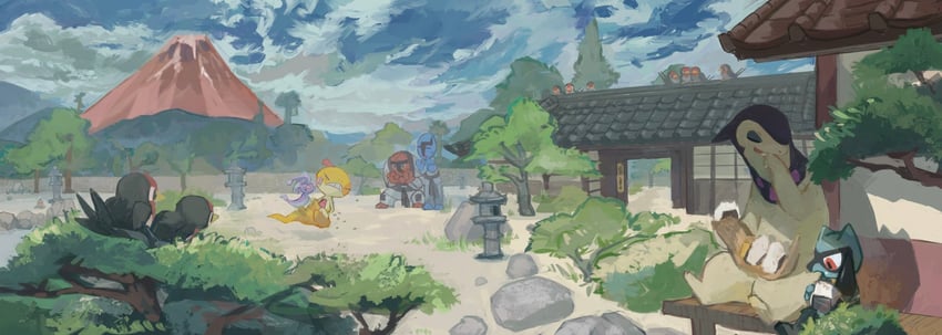 riolu, diglett, hisuian typhlosion, oricorio, scraggy, and 3 more (pokemon) drawn by aomidori_iro