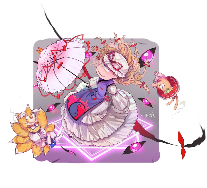 yakumo yukari, yakumo ran, chen, matsuno ichimatsu, and esper nyanko (touhou and 2 more) drawn by 176feet