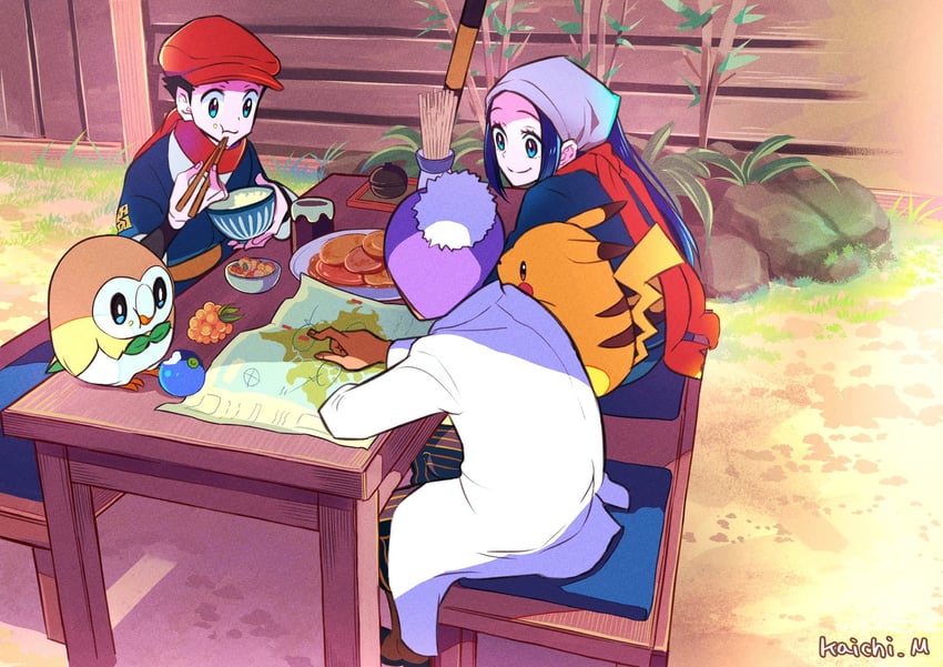 pikachu, akari, rowlet, rei, and professor laventon (pokemon and 1 more) drawn by kaichi210