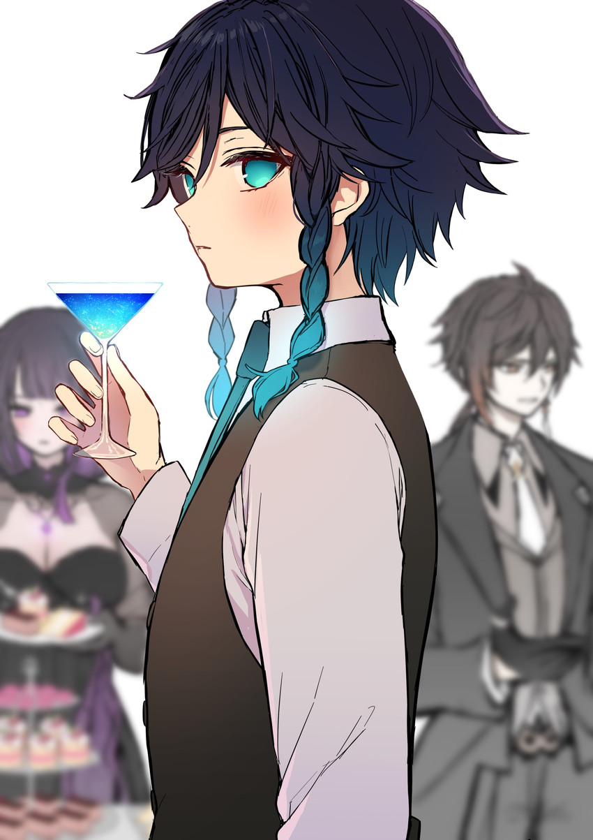 raiden shogun, zhongli, and venti (genshin impact) drawn by chiroron