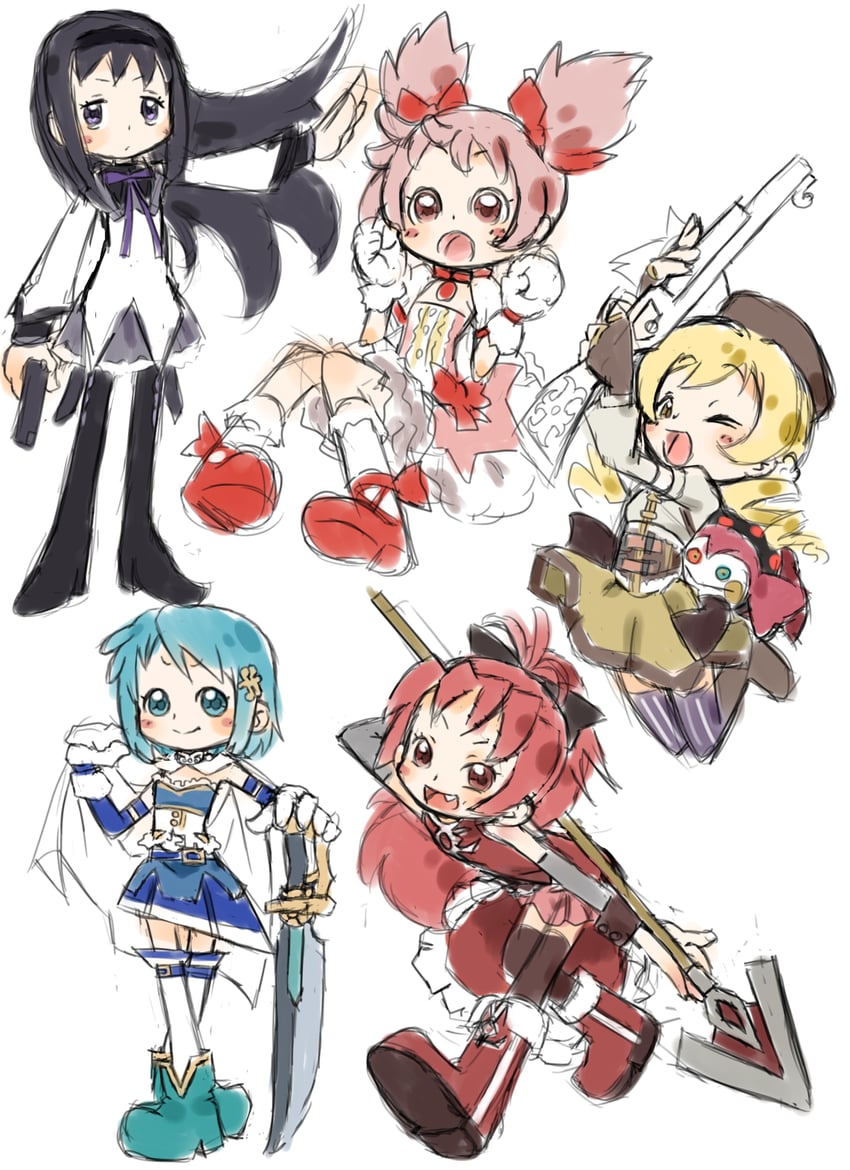 akemi homura, kaname madoka, miki sayaka, sakura kyoko, and tomoe mami (mahou shoujo madoka magica and 1 more) drawn by zangetsumaru