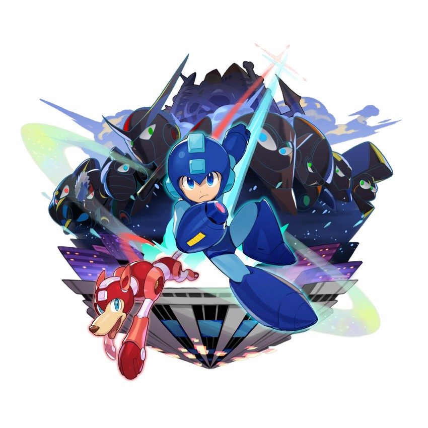 mega man, rush, quick man, metal man, air man, and 5 more (mega man and 2 more) drawn by saitou_naoki