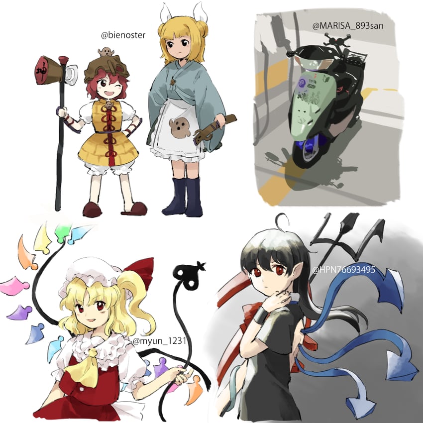 flandre scarlet, houjuu nue, joutouguu mayumi, and katano sukune (original and 2 more) drawn by kaigen_1025