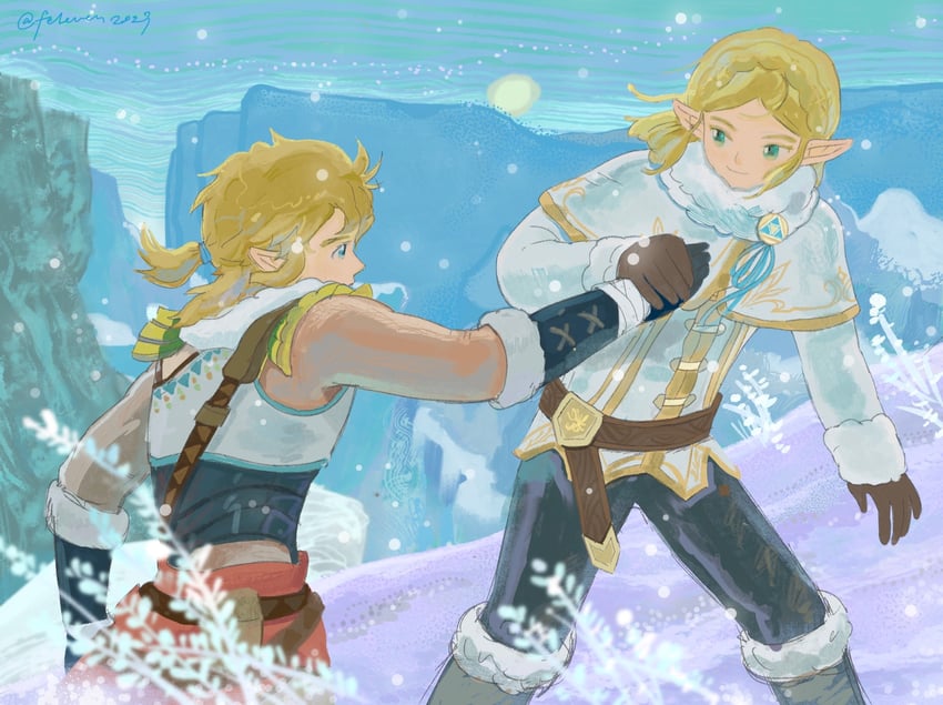 link and princess zelda (the legend of zelda and 1 more) drawn by feleven
