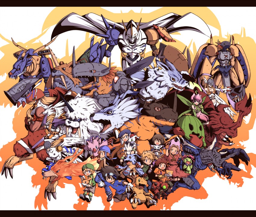 angewomon, yagami hikari, yagami taichi, tailmon, agumon, and 27 more (digimon and 1 more) drawn by mori_no_kaeru