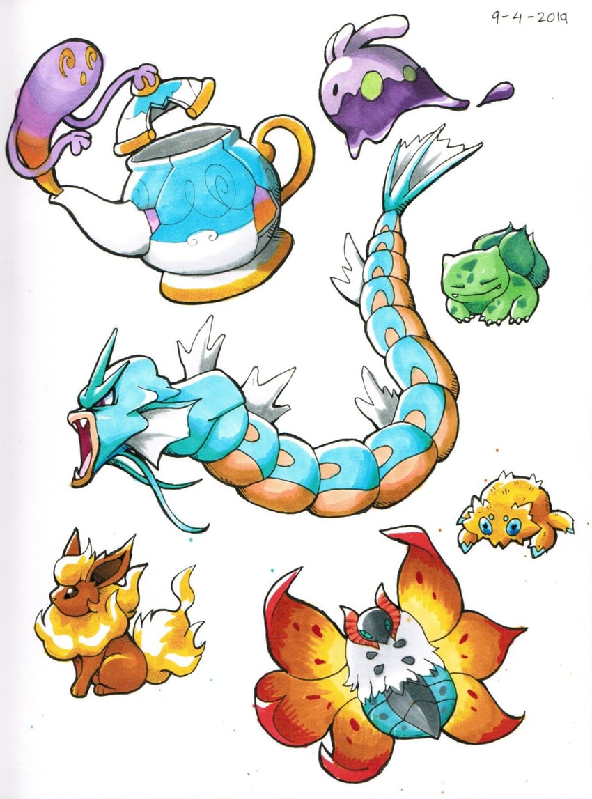 bulbasaur, flareon, goomy, gyarados, joltik, and 2 more (pokemon) drawn by gooompy