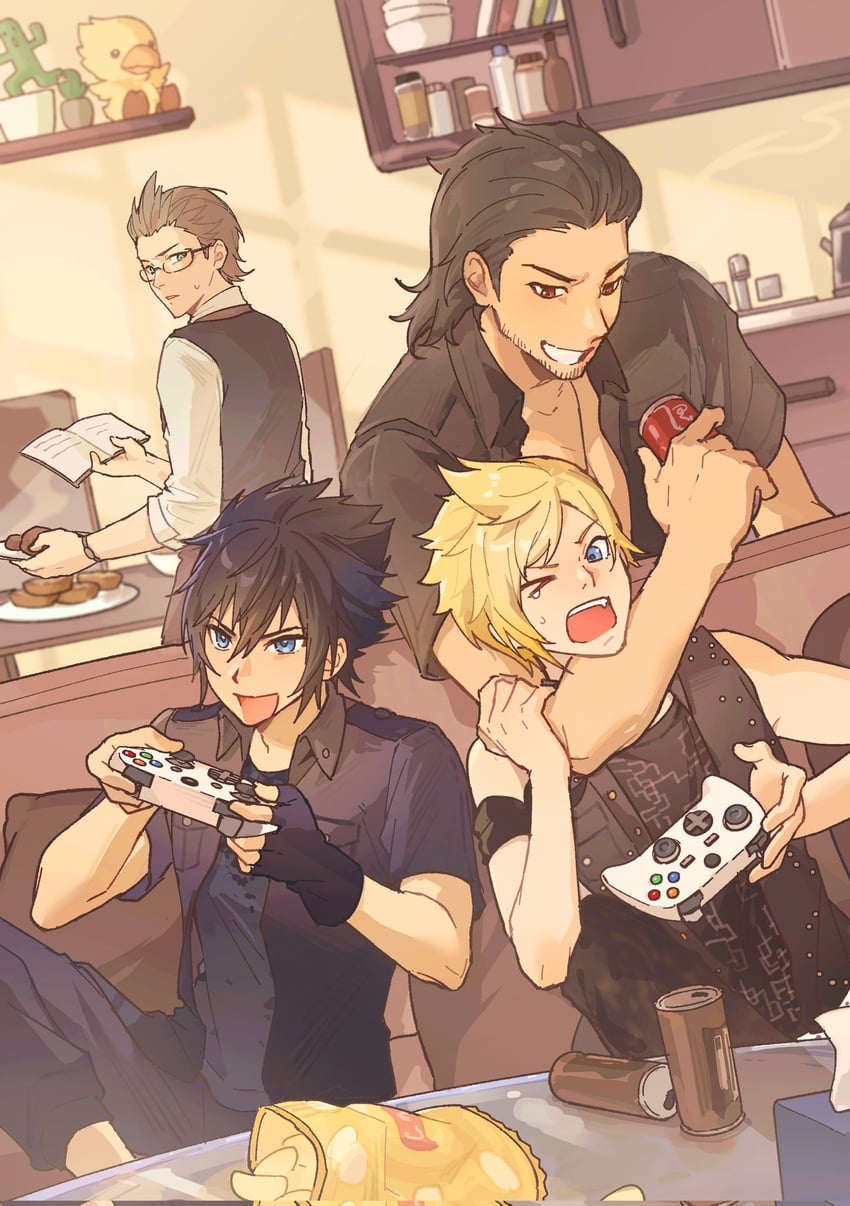 noctis lucis caelum, gladiolus amicitia, prompto argentum, ignis scientia, and sabotender (final fantasy and 1 more) drawn by gegeblue