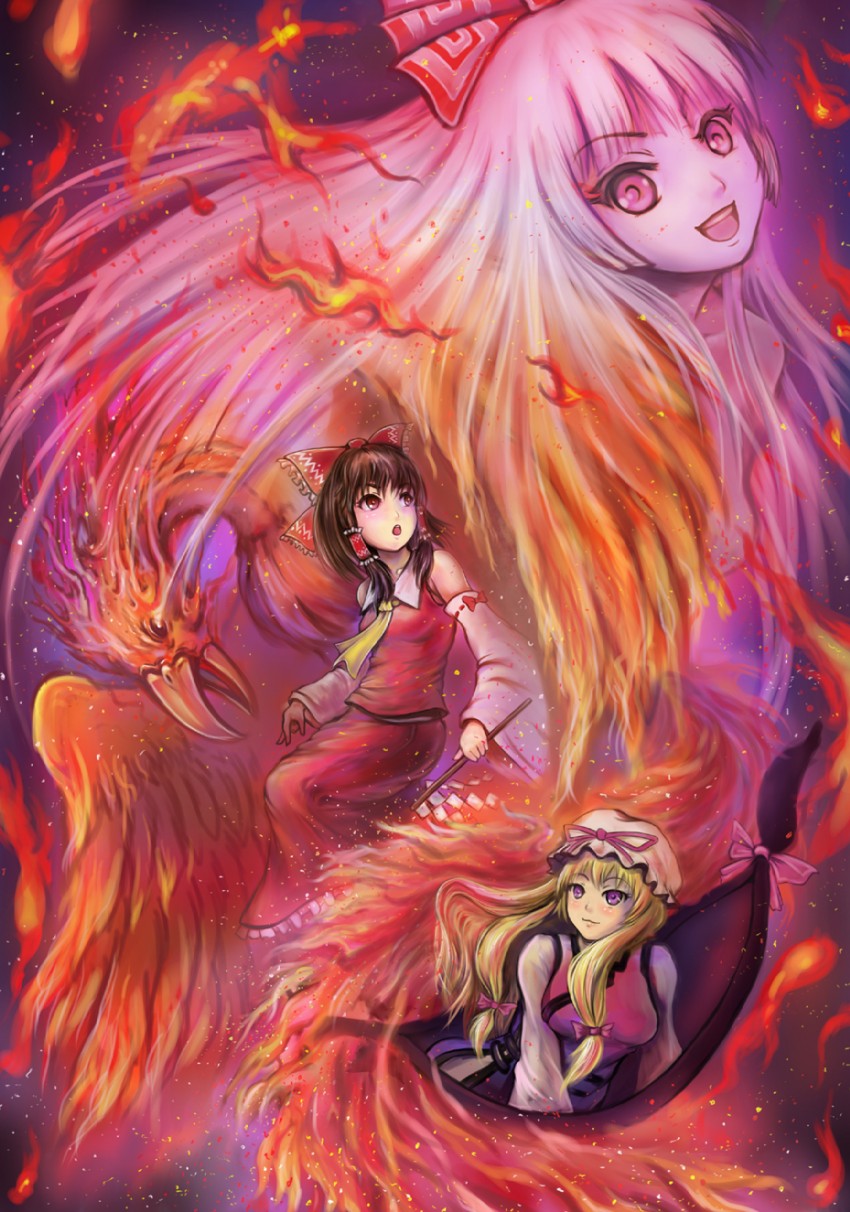 hakurei reimu, yakumo yukari, and fujiwara no mokou (touhou) drawn by sai-go