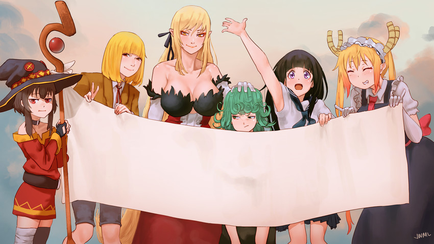 megumin, oshino shinobu, tatsumaki, chitanda eru, tohru, and 2 more (kono subarashii sekai ni shukufuku wo! and 5 more) drawn by justin_leyva_(steamy_tomato)