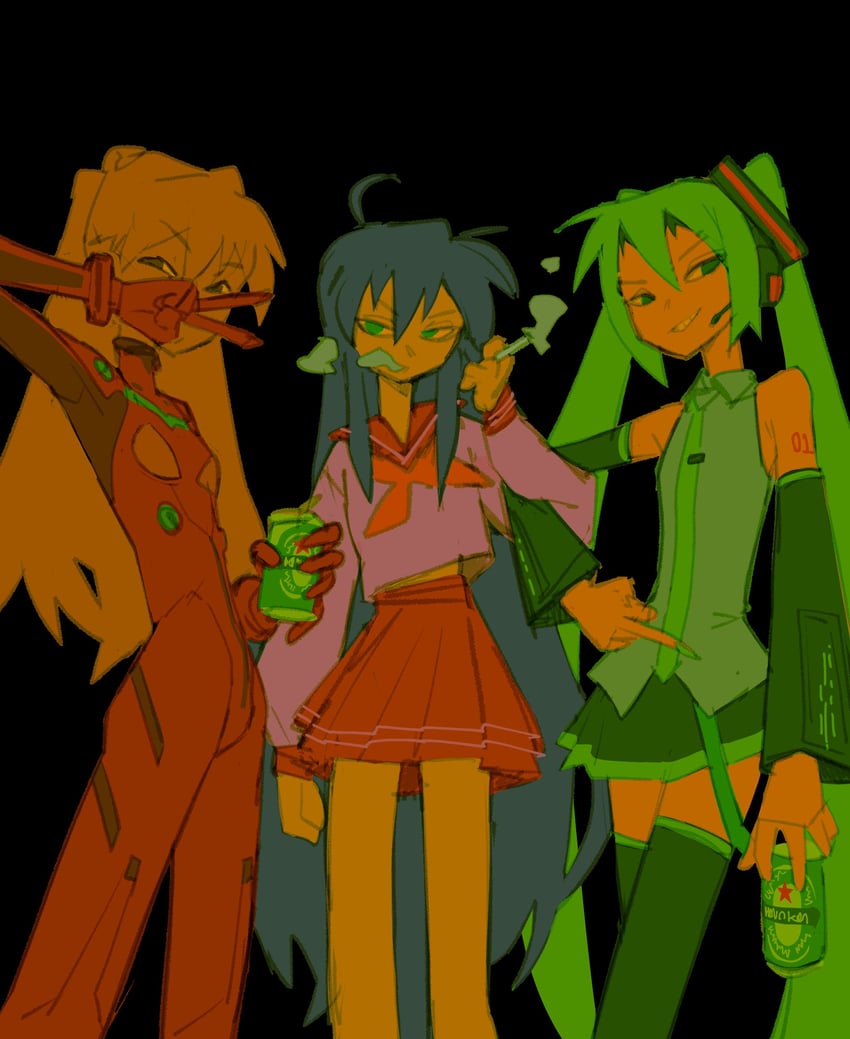 hatsune miku, souryuu asuka langley, and izumi konata (vocaloid and 2 more) drawn by payinky