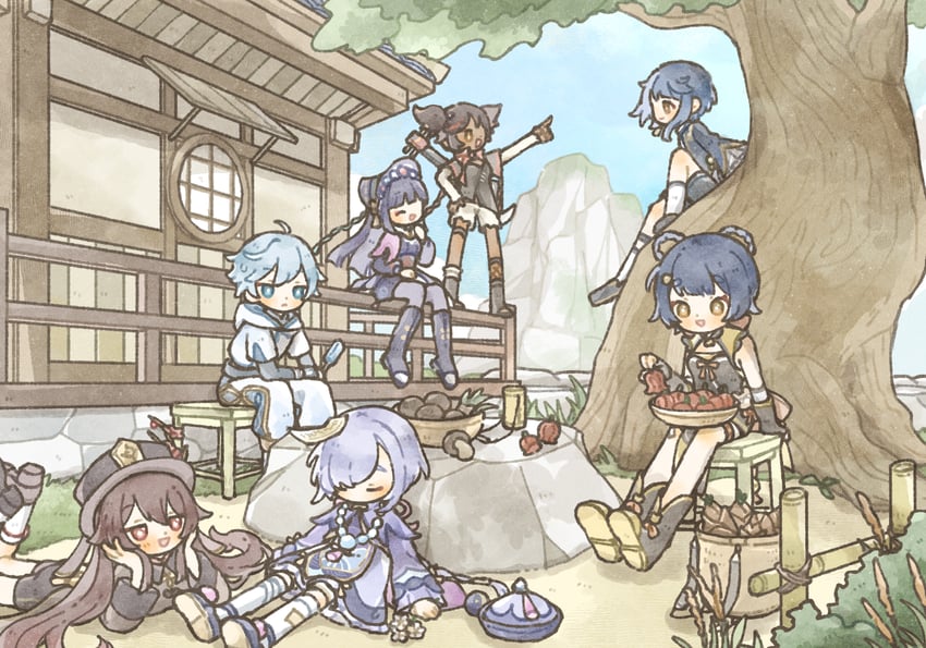 hu tao, qiqi, xingqiu, chongyun, xiangling, and 2 more (genshin impact) drawn by shionosuke
