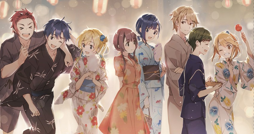 nanase yuzuki, aomi haru, hiiragi yuuko, uchida yua, chitose saku, and 3 more (chitose-kun wa ramune bin no naka) drawn by weee_(raemz)